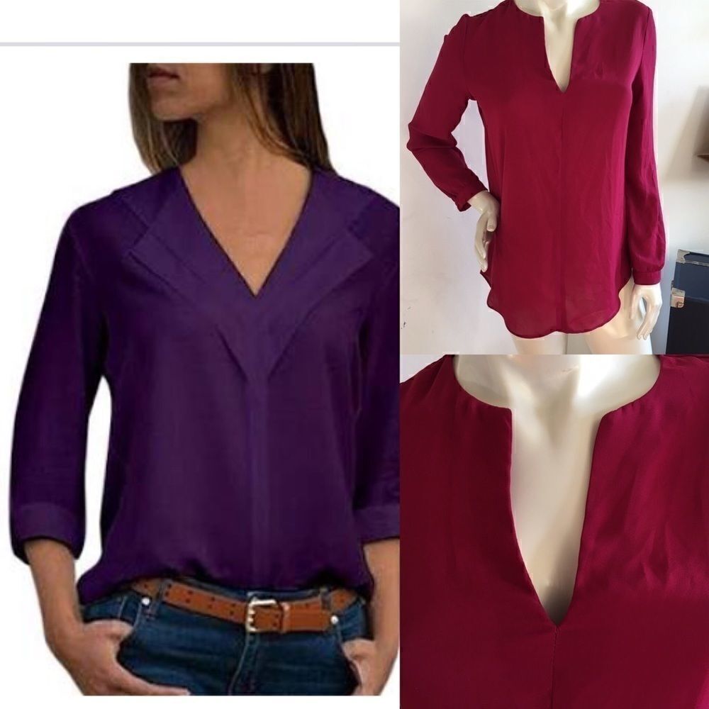 Deep Wine open v neck chiffon long sleeve blouse